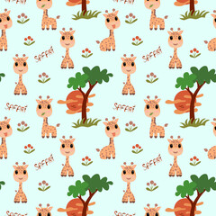 Cute giraffe and acacia tree pattern with "Safari" text on a light blue background. Playful African wildlife design for textiles or children's products. Vector.