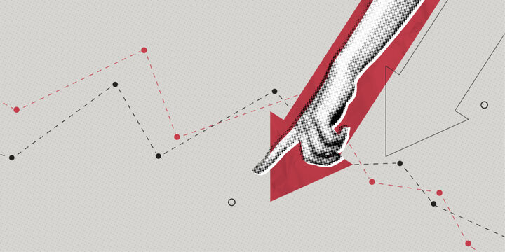Trendy Halftone Collage Pointing hand and red arrow going down. Financial problems business failure. Falling trading market. Crisis and despair. Investment losses. Contemporary vector illustration art