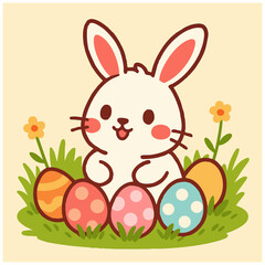 A cute easter rabbit surround by easter eggs