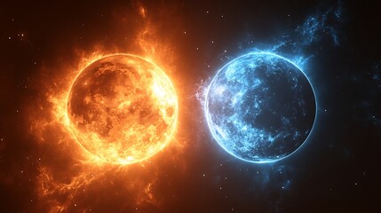 Obraz premium Cosmic Clash Two Planets Fiery Icy.