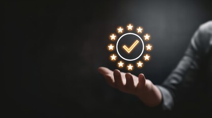 Hand holding glowing badge with stars on dark background, shining symbol of trust, Iso Certified product showing Quality Assurance meets ISO standards