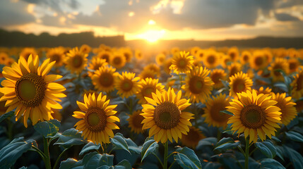 Obraz premium Sunflower, Field, Sunset, Landscape Landscape Wallpaper Background for Desktop, Mobile, Website, Prints