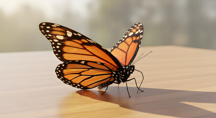 Fototapeta premium Beautiful Monarch butterfly (Danaus plexippus) perched on a wooden surface, its bright orange and black wings captured in sharp focus detail.