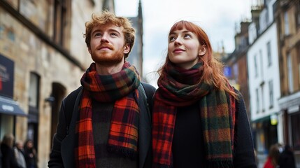 Young couple enjoys a vibrant city stroll in matching tartan scarves on National Tartan Day celebrations