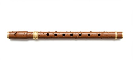 Naklejka premium Close-up of a wooden flute with water droplets, showcasing craftsmanship and musical potential - flute wood