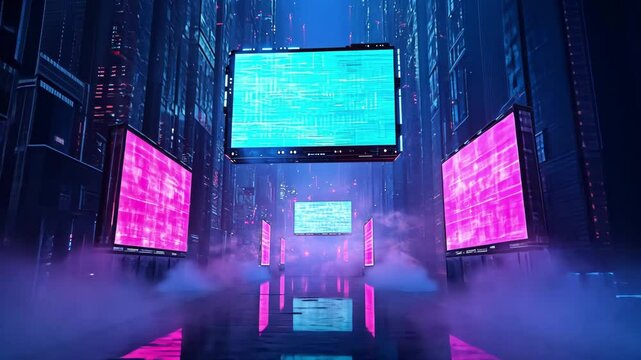 Futuristic cityscape with glowing screens showcasing vibrant blue and pink patterns, enveloped in mist, creating high tech ambiance.