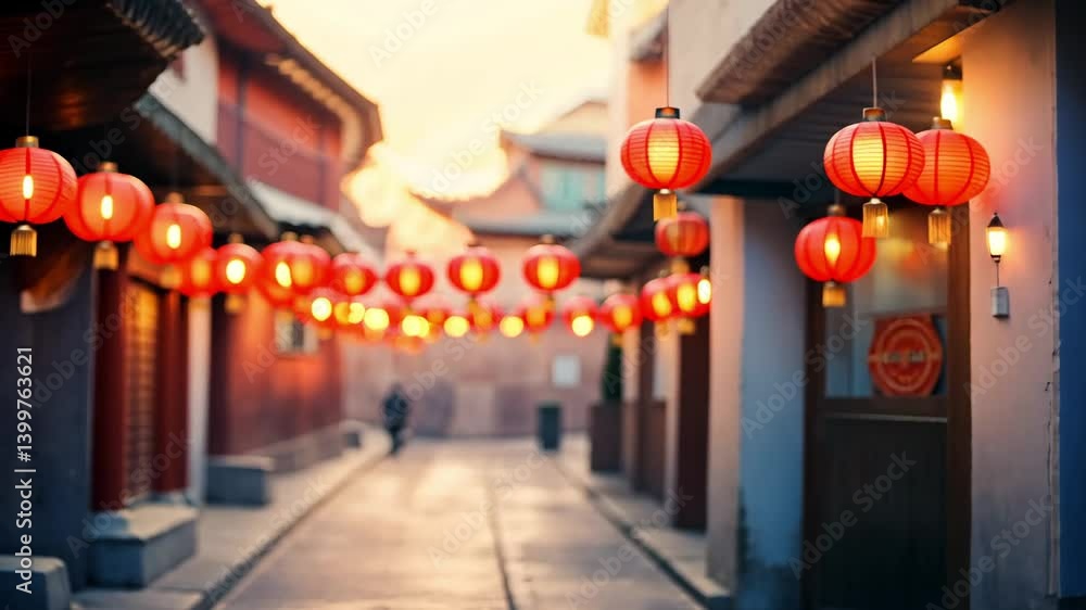Poster serene alley adorned with traditional red lanterns, creating warm and inviting atmosphere in charmin