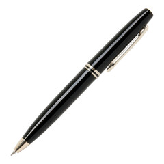 A sleek black pen with a silver accent, showcasing a modern design and fine details.