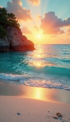 Naklejka premium Soft, glowing sunset casts long shadows across tranquil turquoise water and white sand , clouds, colors, calm