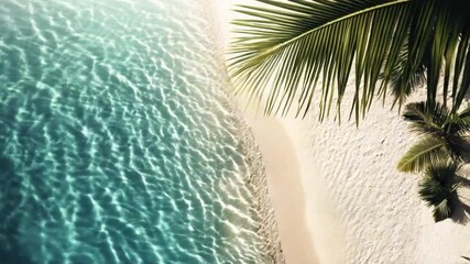 Relax on a serene tropical beach where gentle waves lap against soft golden sand. Lush palm trees shade the shoreline, creating a perfect escape from daily life