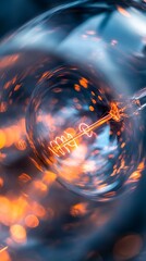 Close-up of glowing filament inside a vintage Edison style light bulb.  Intense, warm light emanating from the filament, contrasted with blurred, out-of-focus background