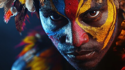 Intense Tribal Face Paint Portrait with Feathers, Cultural Identity Expression for Editorial Use