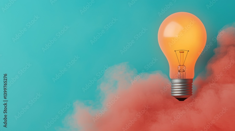 Poster a bright glowing light bulb appears to be floating against a vibrant colorful backdrop of red and tu