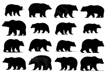Set of sixteen black bear silhouette icons.
