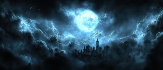 Fototapeta premium Night Cityscape, Moonlit Cloudscape, Fantasy Game Background