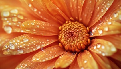 Close-up view of an orange flower, covered in dew drops.  The petals are detailed, showcasing a vibrant orange hue