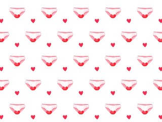 Female menstruation period. female hygiene products underpants, pads, tampons, menstrual cup. seamless pattern in flat watercolor style