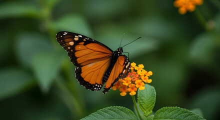 Obraz premium Bright orange butterfly landing on a vibrant yellow wildflower in a natural garden setting, symbolizing pollination and ecosystem balance.