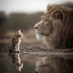 Small cat reflecting himself as a big lion in the water