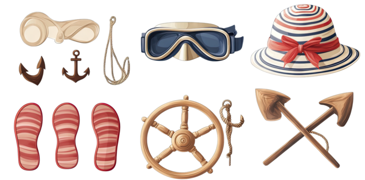 beach and water-related items including goggles a snorkel anchors a sunhat flip-flops a steering wheel and paddles evoking a fun and relaxed seaside atmosphere