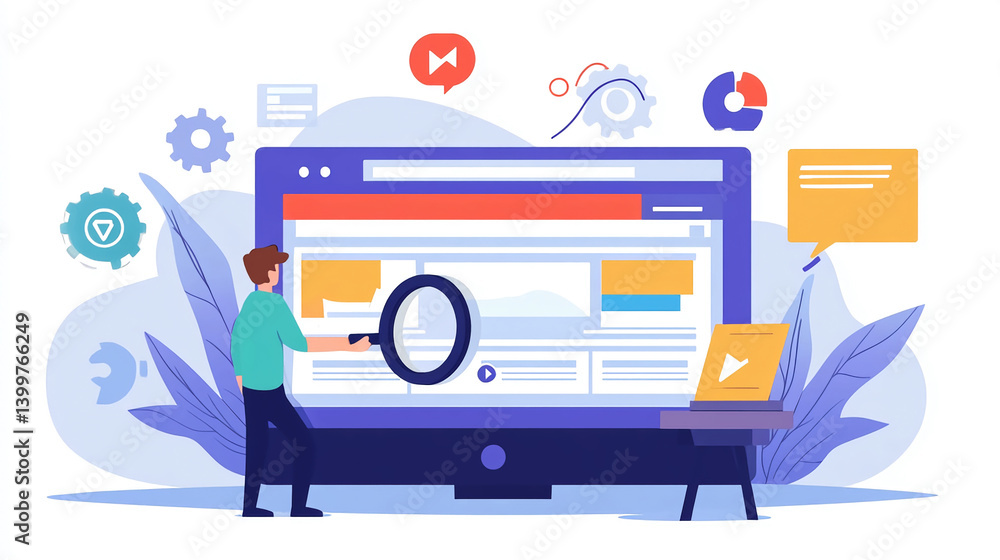 Poster website analysis and seo optimization concept with magnifying glass and data charts for digital mark