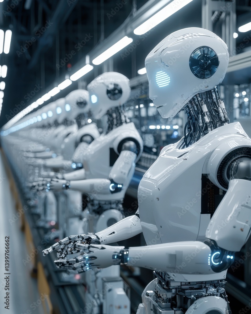 Poster robotic arms and mechanical hands working in a controlled industrial setting to efficiently assemble