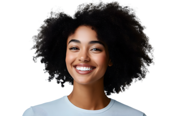 Portrait of a smiling African American woman with afro hair, isolated on white background
