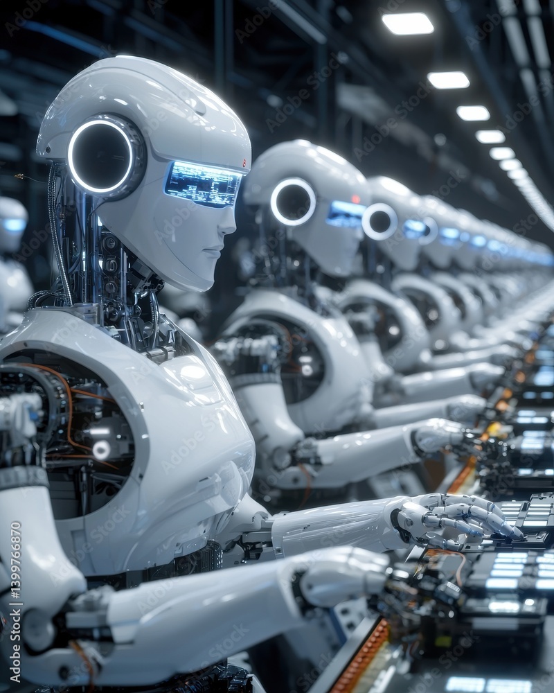 Aufkleber rows of advanced robotic arms and operating in a state of the art manufacturing facility demonstrati