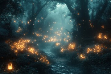 Fototapeta premium Enchanting, misty forest path illuminated by glowing fireflies and lanterns