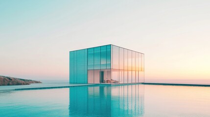 Fototapeta premium A modern glass cube house over a tranquil infinity pool overlooking the ocean.