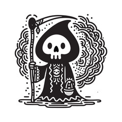 Cartoon Grim Reaper Illustration in Black and White with Playful Style