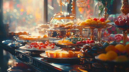A beautifully arranged dessert table featuring an array of colorful pastries and sweets in a festive setting