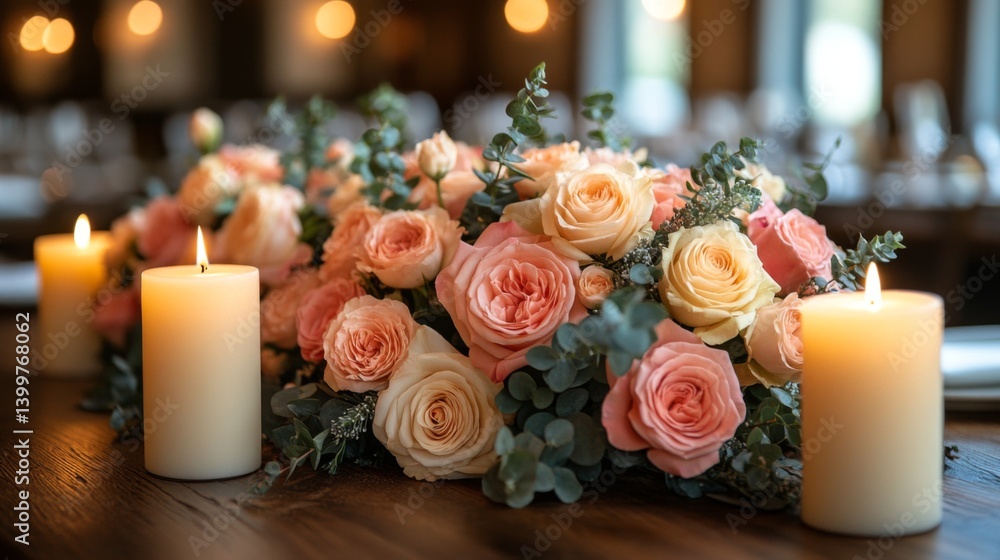 Aufkleber a beautiful arrangement of pink and cream roses is placed at the center of a wooden table, surrounde