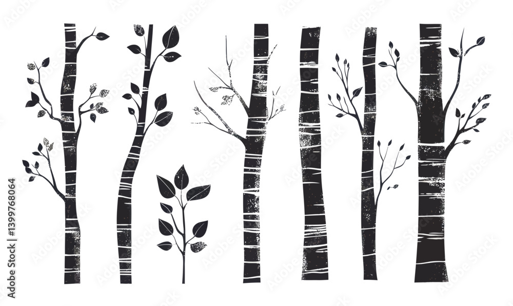 Poster minimalist birch tree trunks and textures in flat grunge vector art collection