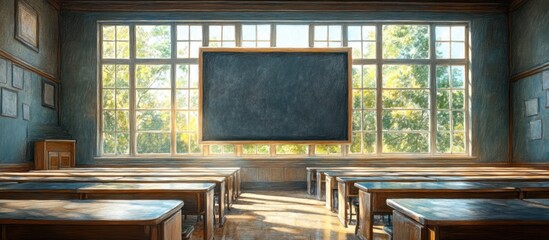 Fototapeta premium Empty Classroom Sunlight through Large Window
