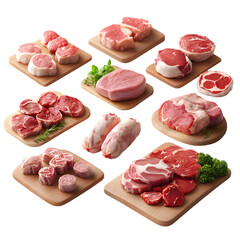 A collection of different raw beef, pork, and lamb cuts, displayed on wood cutting boards.