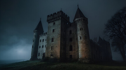 Fototapeta premium Spooky old gothic castle, foggy night, haunted Castle