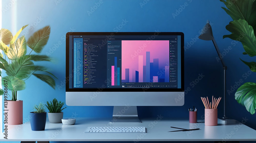 Poster desktop computer setup for coding and design with plants and modern lamp on a blue background setup