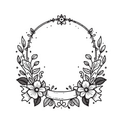 Elegant Floral Frame with Decorative Elements in Black Ink Illustration