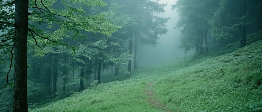 Misty forest trail, green hillside, fog
