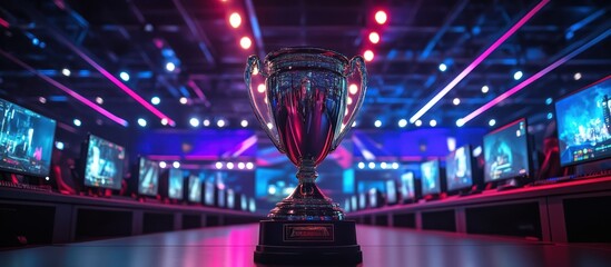 Obraz premium Esports tournament trophy; gamers compete; arena lights