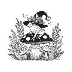 Illustration features a charming frog sitting atop a large mushroom amidst leafy plants, wearing a whimsical hat. The black-and-white design combines fantasy and nature, offering an enchanting fairy t