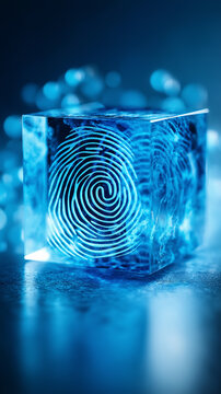 Blockchain block with a digital fingerprint inside. Conceptual wallpaper dedicated to cyber security and identity