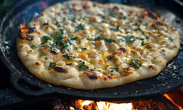 Butter garlic naan freshly taken from a tandoor oven, slightly charred and topped with herbs