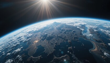 Fototapeta premium Earth's Curve: Sunlight Over Coastal Cities and Clouds, Space View.
