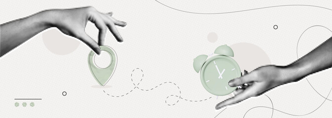 Trendy Halftone Collage Hand holding Alarm Clock and Location Pin. Fast delivery concept. Quick offer on marketplace. Package tracking. Time to travel. Contemporary vector illustration art © accogliente