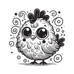 Adorable black and white illustration featuring a cartoon chick with large eyes and artistic swirls, showcasing a fun and creative style suitable for children’s content, design projects, and playful