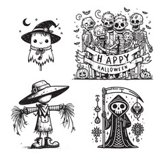 Collection of monochrome Halloween-themed illustrations showcasing skeletons with banner, a whimsical scarecrow, a cute witch, and a grim reaper, emphasizing a spooky and playful holiday atmosphere.