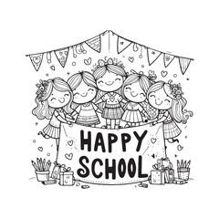 Cheerful illustration of children holding a 'Happy School' banner with decorative elements, perfect for themes of education, joy, and celebration in a childlike art style suitable for various applicat