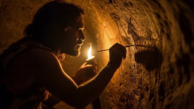 Prehistoric man painting on a cave wall by torchlight, creating rock art, symbolizing ancient artistry, ritual communication practice and the dawn of early human creative expression discovery